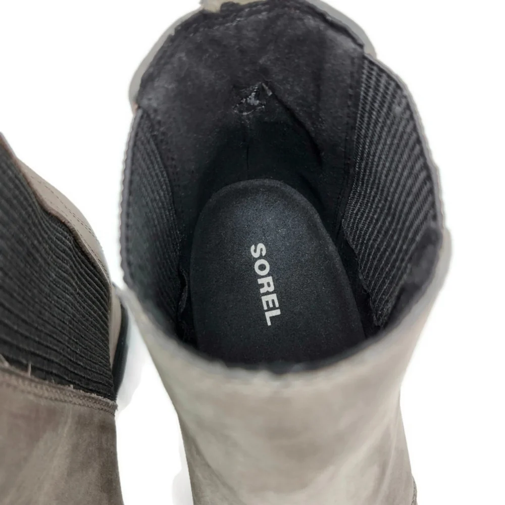 Sorel Joan of Arctic Grey Leather Waterproof Pull-On Lug-Sole Wedge Heel Boots